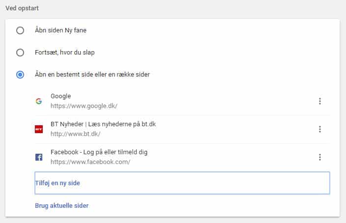 Åbn flere sider ved opstart af Google Chrome