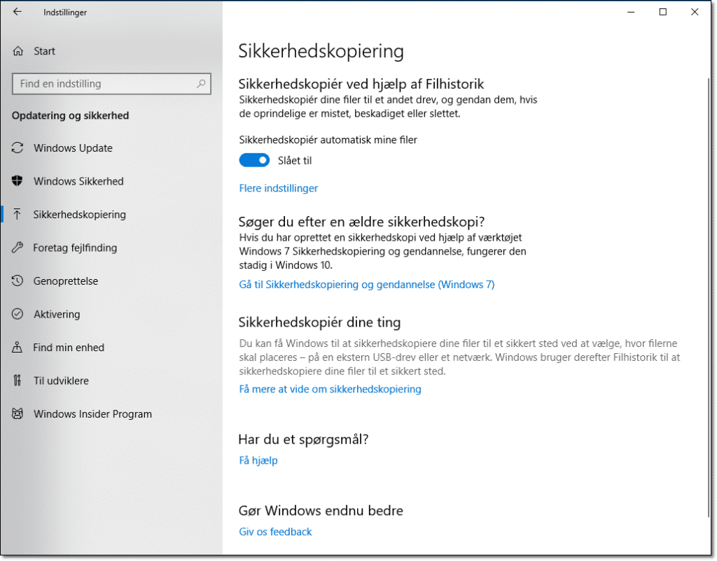 Sikkerhedskopiering i Windows 10 - Indstillinger
