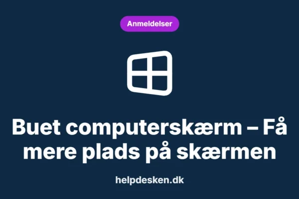 Grafisk featured image i kategorien Anmeldelser, med et stiliseret brand windows-ikon på ensfarvet baggrund, der illustrerer emnet «Buet computerskærm – Få mere plads på skærmen».
