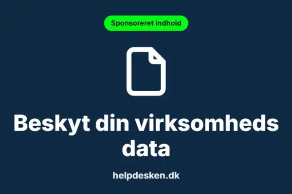 Grafisk featured image i kategorien Sponsoreret indhold, med et stiliseret file-ikon på ensfarvet baggrund, der illustrerer emnet «Beskyt din virksomheds data».