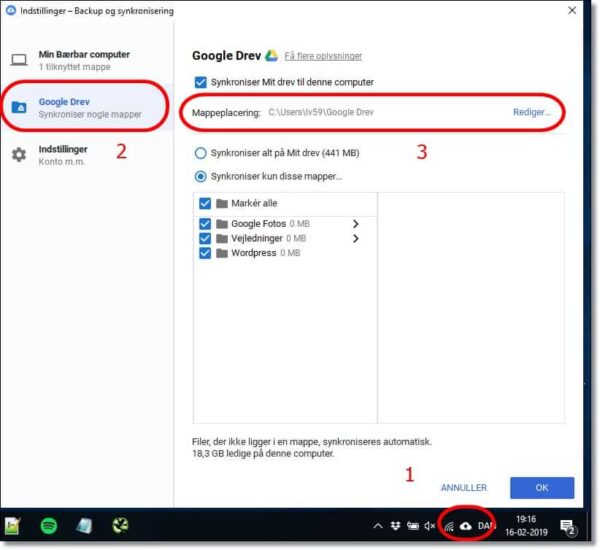 Google Drev synkronisering - Find og vælg filer der skal synkroniseres