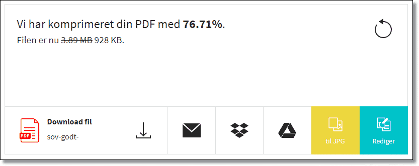 Komprimering af PDF filer - Formindsk størrelsen på en PDF. Her er størrelsen minimeret fra 3,89 til 928 Kb
