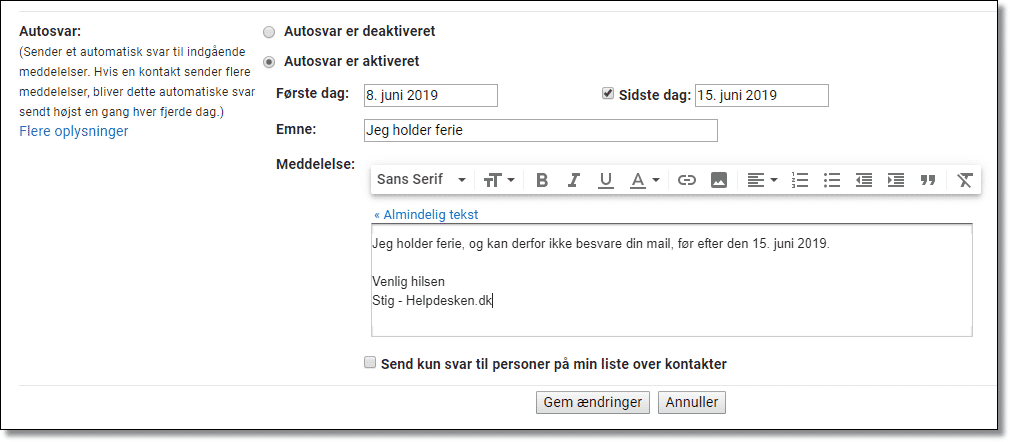 Opsætning af Gmail autosvar i din computers browser
