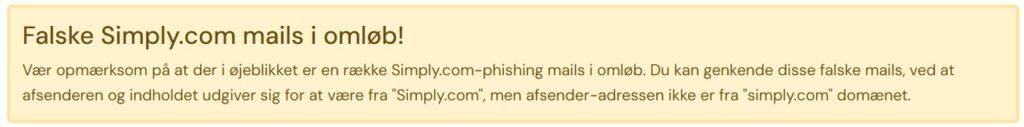 Advarsel fra Simply.com om at der er phishing mail i omløb.