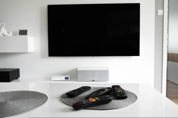 tv der hænder på væggen med en masse fjernbetjeninger på et bord foran
