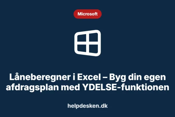 Grafisk featured image i kategorien Microsoft, med et stiliseret brand windows-ikon på ensfarvet baggrund, der illustrerer emnet «Låneberegner i Excel – Byg din egen afdragsplan med YDELSE-funktionen».