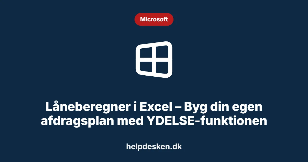 Grafisk featured image i kategorien Microsoft, med et stiliseret brand windows-ikon på ensfarvet baggrund, der illustrerer emnet «Låneberegner i Excel – Byg din egen afdragsplan med YDELSE-funktionen».
