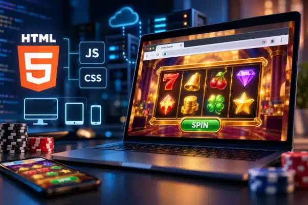 laptop og mobiltelefon med casinospil på skærmen